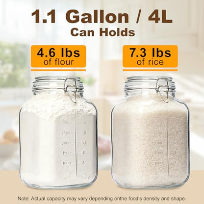 2 Pack 1.1 Gallon Square Super Wide Mouth, Airtight Glass Storage Jars, with Measurement Marks, Leak-Proof Lids for Kitchen Pantry, Canning, Dry Food (Flour, Sugar) & Drinks - size: Wide Mouth Set of 2