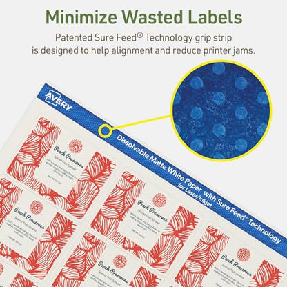 Avery Dissolvable Rectangle Labels, Sure Feed Technology, 2" x 2-5/8", Matte White, Laser/Inkjet Printable, 150 Labels Total, Freezer-Safe, Microwave-Safe, Refrigerator-Safe - style: 150 labels
