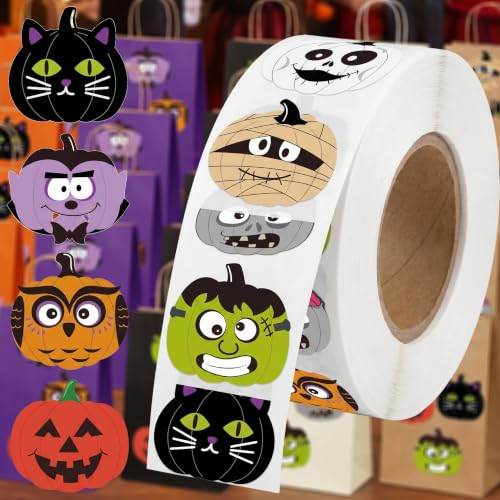 500Pcs Halloween Stickers Roll, Pumpkin Monster Face Labels, Ghost Stickers for Party Favors Goodie Bag Fillers,Spooky Holiday Decoration - color: 500pcs- Pumpkin Monster