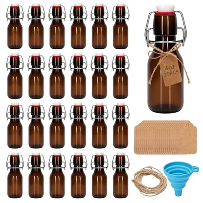25Pcs 4 oz Amber round Mini Swing Top Glass Bottles with Stoppers Small Flip Top Bottles with Airtight Lids for Crafts Decoration Wedding Themed Party Favors (25)