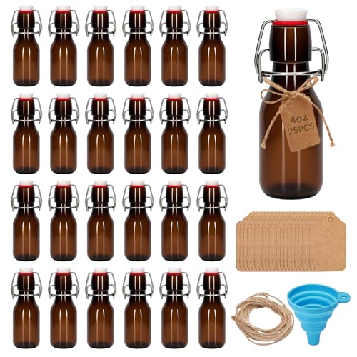 25Pcs 4 oz Amber round Mini Swing Top Glass Bottles with Stoppers Small Flip Top Bottles with Airtight Lids for Crafts Decoration Wedding Themed Party Favors (25)