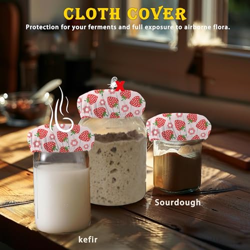 Cloth Covers for Sourdough Starter Jars, Red Strawberry Flower Heat Preservation to Increase Fermentation for Bread Sewn Cloth Cover for Sourdough Starter（5 Pack） - color: Red Strawberry Flower