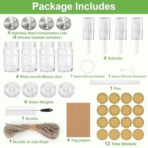 4-Pack Fermentation Kit for All Wide Mouth Mason Jars (Four 32oz Mason Jars Included), Fermentation Jars, Fermenting Weights, fermentation Lids, Airlocks, Everything Included for Fermentation - style: 4 Pack Included 4 Mason Jars