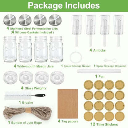 4-Pack Fermentation Kit for All Wide Mouth Mason Jars (Four 32oz Mason Jars Included), Fermentation Jars, Fermenting Weights, fermentation Lids, Airlocks, Everything Included for Fermentation - style: 4 Pack Included 4 Mason Jars