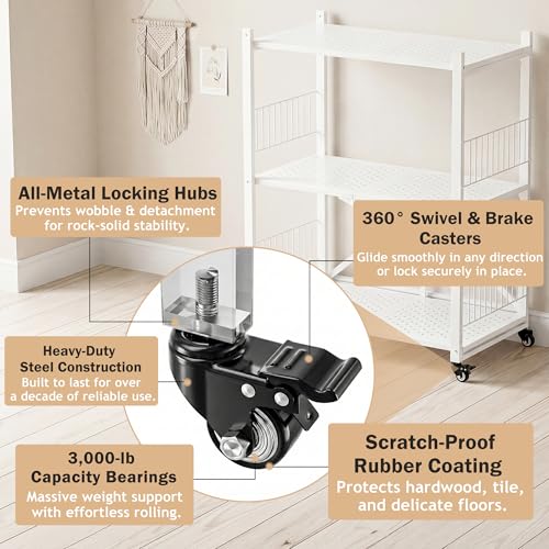 Folding Storage Shelves No Assembly, 3 Tier Foldable Shelves with Wheels, Collapsible Rolling Storage Rack for Pantry Laundry Room Small Spaces, White - color: White/3-tier