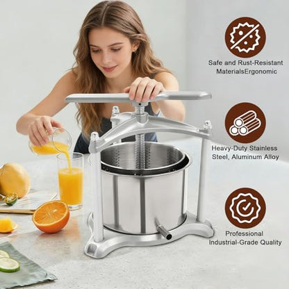 Fruit Wine Press, Wine juicer, 1.6 Gal Fruit Cider Grinder w/Dual Stainless Steel Barrels, Manual Press Machine with Triangular Structure & T-Handle, for Cider Tincture Cheese Herb Vegetables