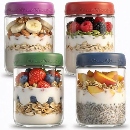 16oz 4Pack Glass Overnight Oats Jars Containers with Airtight Leakproof Lids, Reusable Mason Jars for Meal Prep, Yogurt Parfaits, Smoothies, Salads & Healthy Breakfasts (16 OZ-4-1) - color: 16oz-4-1