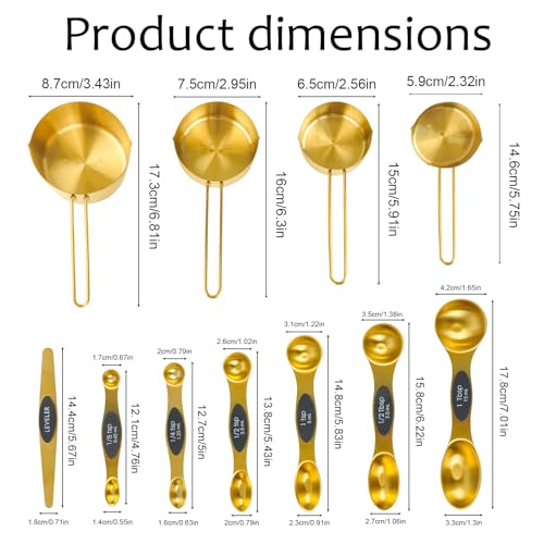 11 pcs Gold Measuring Cups and Spoons Set,Includes 4pcs Measuring Cups And 6pcs Magnetic Measuring Spoons & 1 Leveler,Stainless Steel is Ideal for Measuring Liquids And Dry Ingredients - color: 11 set