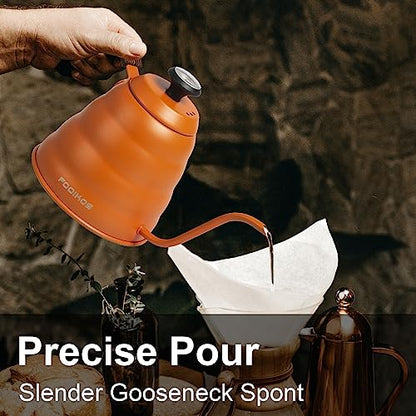 Gooseneck Kettle with Thermometer for Pour Over Coffee & Tea, 42 fl oz, Premium Stainless Steel, Accurate Temperature Control, Ideal Spout for Precision Pouring, Compatible with Stovetops - color: Orange