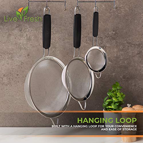 LiveFresh Food Strainer Set - Premium Fine Stainless Steel Fine Mesh Set of Strainers, Colanders and Sifters Crafted for Quinoa and More with Comfortable Non Slip Handles - Set of 3