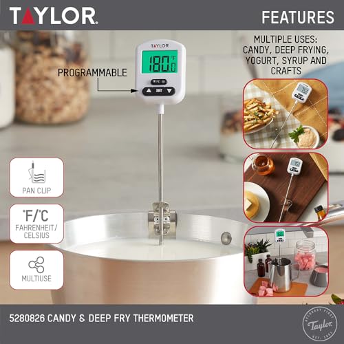 Taylor Programmable Digital Candy and Deep Fry Thermometer with Green Light Alert Display, Long Stem, and Adjustable Pan Clip, White - color: White