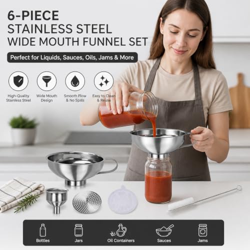 Stainless Steel Funnel Set, Wide Mouth Canning Funnel, Metal Kitchen Funnels for Jar Bottle Filling Canning Supplies