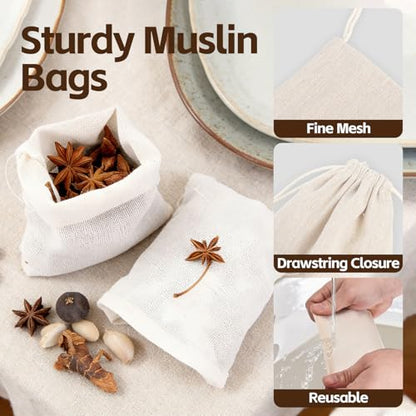 20 Pack Reusable Tea Bags, Natural Unbleached Muslin Bags with Drawstring, Spice Bags for Cooking, Loose Leaf Tea, Herbs & Coffee, Fine Mesh Filter Bags (3 x 4 in)