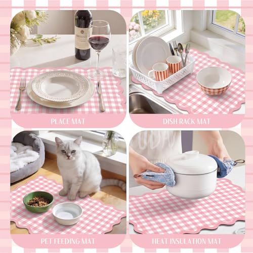 Scalloped Gingham Coffee Mat 12" x 20" Absorbent Coffee Bar Mat Gingham Espresso Matt for Counter(Pink) - color: Pink