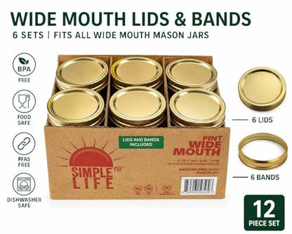 Simple Life Wide Mouth Pint Mason Jars 16oz – 6 Pack American Made Glass Canning Jars, 80mm Wide Mouth, Smooth Sided for Canning, Food Storage, Crafts & Pantry Organization (Lids & Bands Included)