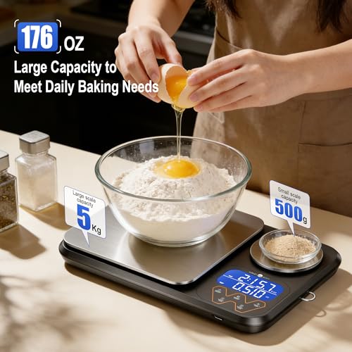 Rechargeable Digital Dual Platform Kitchen Scales Weight, 11 lb Large & 1.1 lb Mini with Two Precisions Food Scale for Sourdough Bread, Baking and Cooking with 3 Units Tare, Accumulation Functions