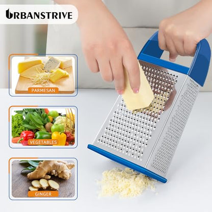 Urbanstrive Cheese Grater With Container, Professional Cheese Grater with Handle, Stainless Steel Graters for Kitchen Handheld, Box Grater with 4 Sides for Vegetables, Ginger, Potatoes (Dark Blue) - color: Dark Blue
