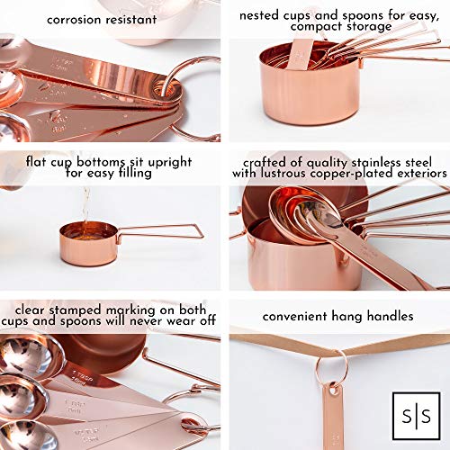 Copper Measuring Cups and Spoons Set – 8-Piece Stackable Stainless Steel Metal Measuring Utensils – Stylish and Sturdy Rose Gold Kitchen Accessories for Baking and Cooking - color: Copper