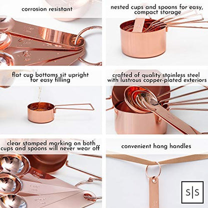 Copper Measuring Cups and Spoons Set – 8-Piece Stackable Stainless Steel Metal Measuring Utensils – Stylish and Sturdy Rose Gold Kitchen Accessories for Baking and Cooking - color: Copper