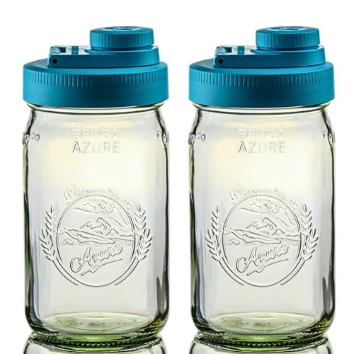 Brewing America Glass Mason Jar Pitcher with Lid, 1 Quart (32 oz) with Teal Wide Mouth Pour Lid, for Smoothie, Boba Cup, Sun Tea, Cold Coffee Glass Tumbler, 2-Pack - color: Teal