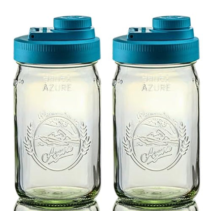 Brewing America Glass Mason Jar Pitcher with Lid, 1 Quart (32 oz) with Teal Wide Mouth Pour Lid, for Smoothie, Boba Cup, Sun Tea, Cold Coffee Glass Tumbler, 2-Pack - color: Teal