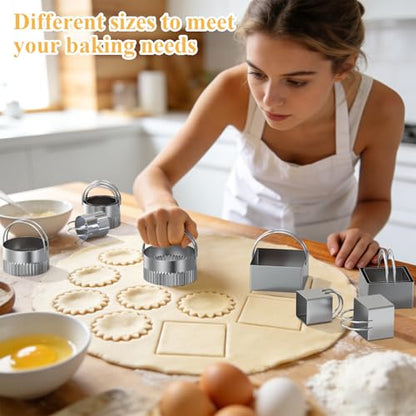 Biscuit Cutter Set of 10 pcs, Square and Fluted Cookie Cutter Set with Handle, Stainless Steel Round Biscuit Cutters, Professional Baking Dough Tools - size: 2 set