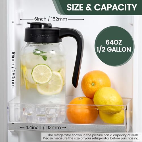 Mason Jar Pitcher - Airtight & Leakproof Glass Pitcher with Lid, Perfect for Breastmilk, Cold Brew, and Sun Tea, 2 Quart (64 oz) Mason Jar with Pour Spout Lid - color: Black