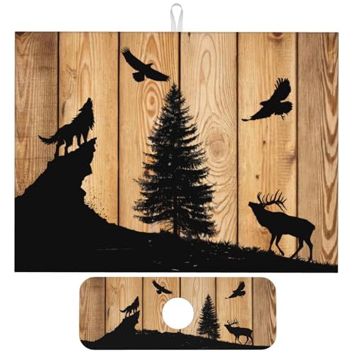 Retro Rustic Wolf Deer Forest Brown Wood Dish Drying Mat for Kitchen Counter, 18"x24" Microfiber Absorbent Fast Dry Mat, 2Pcs Dish Mat Faucet Mats Sets, Large Drying Kitchen Mat Kitchen Drying Pad - color: Retro Rustic Wolf Deer Forest Brown Wood, size: 1