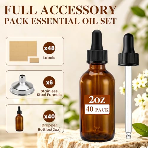 2 oz Glass Dropper Bottles with 6 Stainless Steel Funnels & 48 Labels, Amber Tincture Bottles with Dropper for Essential Oils, Liquid Extracts, Beauty & Personal Care (40 Pack)