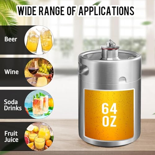 MRbrew Pressurized Mini Keg 64oz, 304 Stainlsee Steel Mini Kegerator with Exhaust Valve Designed Cap Portable Beer Growler for Homebrew And Craft Beer (Silver) - color: Silver
