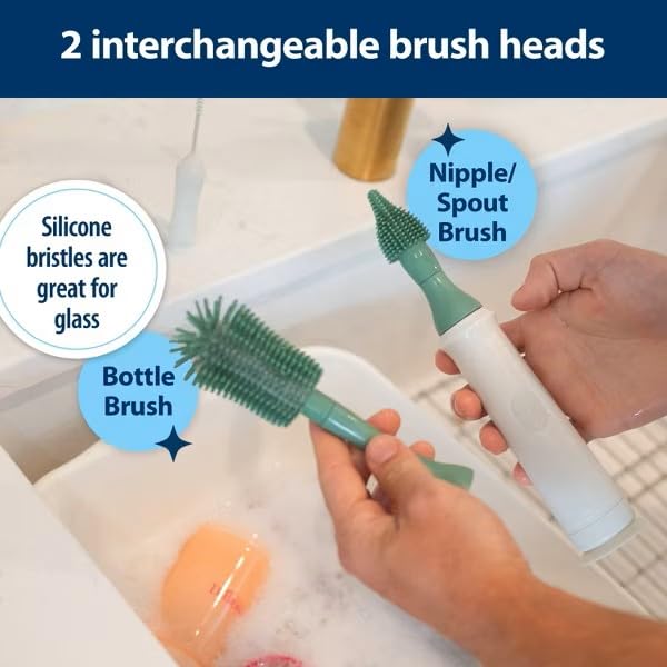 Dr. Brown's Electric Silicone Brush Set | Spinning Handle, 3 Brushes to Clean Baby Bottles, Spouts, Nipples, and Straws, BPA-Free