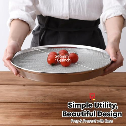 WAGENSTEIGER Stainless Steel Mesh Tray Set with Drip Pan, Air Fryer Basket and Tray, Kitchen Colander, Vegetable and Fruit Strainer, Food Filter, BBQ Prep Tool, Fruit Serving Dishes (11.42 inch) - size: 11.42 inch