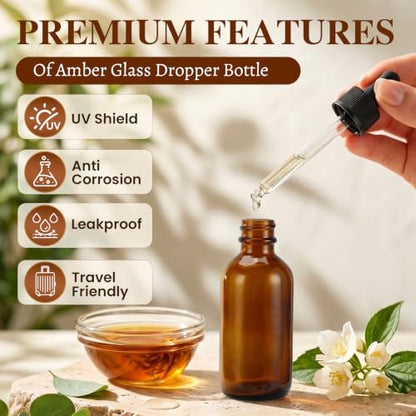 2 oz Glass Dropper Bottles with 6 Stainless Steel Funnels & 48 Labels, Amber Tincture Bottles with Dropper for Essential Oils, Liquid Extracts, Beauty & Personal Care (40 Pack)