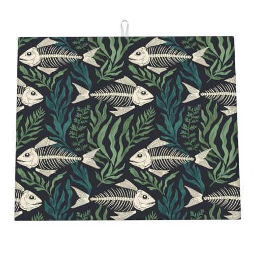 Fish Skeletons Botanical Dish Drying Mats for Kitchen Counter, Super Absorbent Microfiber Drainer Pad, Washable Reversible Appliance Protector, Everyday Kitchen Must-Have, 16x18 Inch - color: Fish Skeletons Botanical