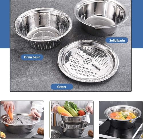 2026 New Multifunctional Stainless Steel Basin with Grater 3 in 1 Vegetable Cutter Julienne Grater with Drain Basket Vegetable Fruits Washing Bowl Strainer Set (28cm)