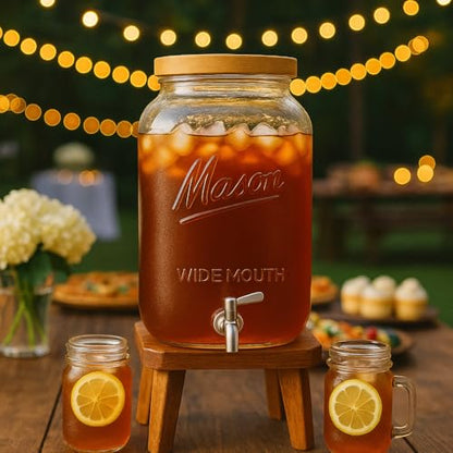 Kitchentoolz 2 Gallon Glass Beverage Dispenser with Wooden Lid – Large Square Mason Jar Drink Container with Stainless Steel Spigot – Big Batch Iced Tea, Lemonade, Water, or Party Drinks