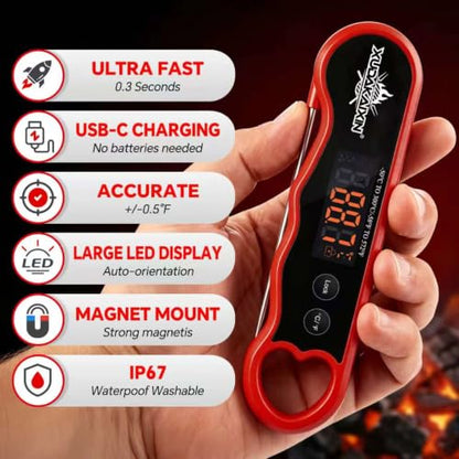 0.3s Fast Read Meat Thermometer – USB-C Rechargeable,Red | Digital instant read for BBQ, baking, and candy –no batteries needed - color: Red