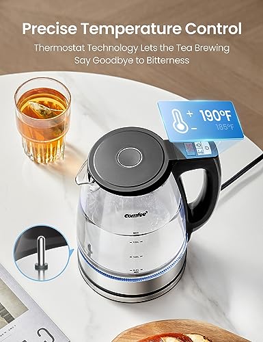 COMFEE' 1.7L Glass Tea Kettle and Kettle Water Boiler - Electric Kettle Temperature Control with 6 Presets, 2-Hr Keep Warm, Fast Heating, 304 Stainless Steel, Auto-Off and Boil-Dry Protection - color: Transparent Digital, size: 1.8 Quarts