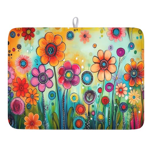 Abstract Colorful Floral Dish Drying Mat for Kitchen Counter Spring Summer Flower Microfiber Dish Drainer Mat Rustic Absorbent Washable Drying Pad Extra Large 18"x24" - color: Summer Abstract Floral, size: 24" x 18"
