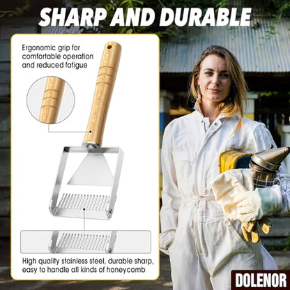 2-in-1 Honey Uncapping Fork & Scraper Tool Stainless Steel Beekeeping Equipment with Wooden Handle Adjustable Tine Spacing for Bee Hive Honeycomb Harvesting