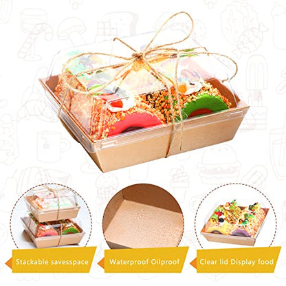 PerKoop 100 Pack 4 Inch and 5 Inch Paper Charcuterie Boxes with Clear Plastic Lid Bulk Disposable Food Containers Box with Brown Rope for Cake Slice Bakery Sandwich Desserts Pastry Fruit Snack Cheese