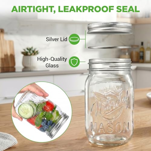 NutriChef 2-Pack 16 oz Mason Jars with Lids - Thick Glass Canning Jars with Stainless Steel Lids - Ideal for DIY Spices, Meal Prep, Overnight Oats, Jelly, Jam, Honey, Candles, Crafts, & More - style: 2 Pack