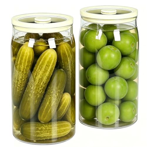 Pickle Jar, 2 Pack 1200ml/40.6 oz Kimchi Container, Airtight Clear Fermentation Canister, Wide Mouth Refrigerator Storage with Silicone Ring & Exhaust Valve for Radish, Onion, Sauerkraut
