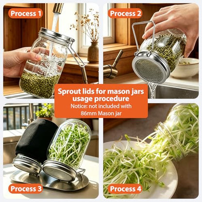 4 Pack Wide Mouth Mason Jar Sprouting Lids, 316 Stainless Steel, 8 Filters | Lids with Built-In Stand, Detachable Mesh Screens, Includes 2 Drip Trays for Easy Sprouting of Alfalfa, Broccoli & More
