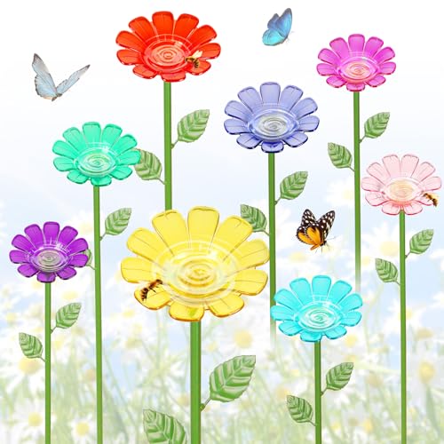 8 Pack Bee Watering Station, Plastic Flower Bee Bath for Garden, Colorful Bee Feeders & Butterfly Watering Station with Decorative Metal Garden Stakes for Garden Yard Patio Decor | Lively and colorful, practical, leakproof - color: 8-Flower Colors