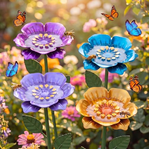 Bee Watering Station, 4 Pack Metal Flower Feeder with Perch for Bees and Butterflies, Yard Stake Butterfly Bee Bath for Garden Patio Outdoor Decor, Unique Gifts for Women Gardener