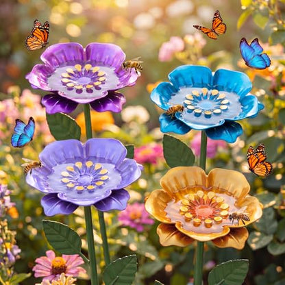 Bee Watering Station, 4 Pack Metal Flower Feeder with Perch for Bees and Butterflies, Yard Stake Butterfly Bee Bath for Garden Patio Outdoor Decor, Unique Gifts for Women Gardener