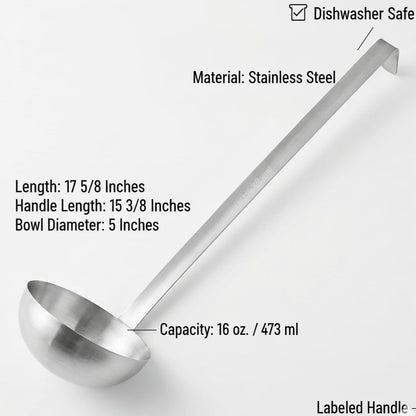 Stainless Steel Ladle, 16 oz – Heavy-Duty 2-Piece Construction, Long Handle, Hooked Design for Easy Storage – Perfect for Soup, Stew, Chili, Sauce, and Commercial Kitchens (1, 16 Oz) - size: 16 Oz