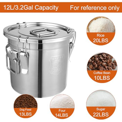 DYNAMI 304 Stainless Steel Airtight Canister for Kitchen, 3.2Gal/405oz Flour Container with Lid and Locking Clamp,10-21Lbs Metal Bucket Food Storage Container for Rice, Flour, Grain, Coffee Bean(12L)