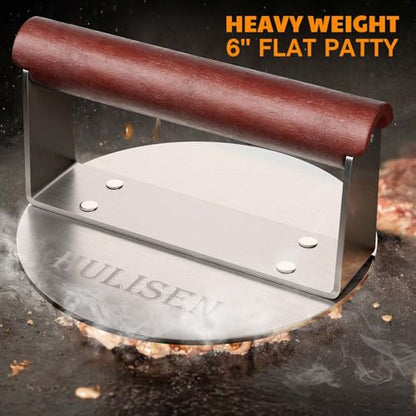 HULISEN Burger Smasher, Stainless Steel Smashed Burger Press, 6 Inch Hamburger Press for Griddle, Heavy-Duty Grill Press with Wood Handle, BBQ Accessories Tool, Weights 1.24 lb, Gift Wrapping - size: 6 Inch Round Press